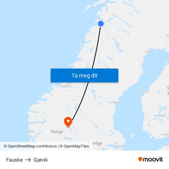Fauske to Gjøvik map