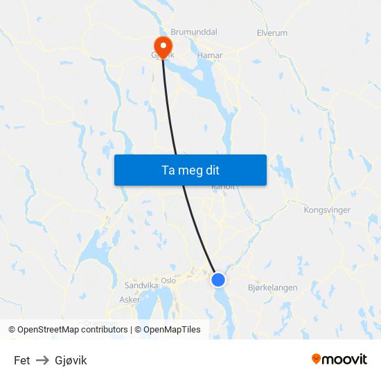 Fet to Gjøvik map