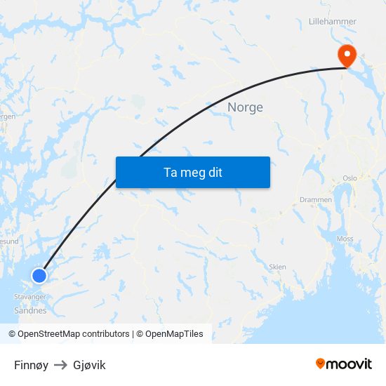 Finnøy to Gjøvik map