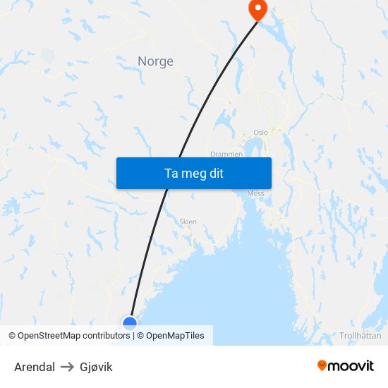 Arendal to Gjøvik map