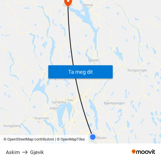 Askim to Gjøvik map