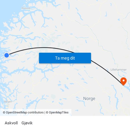 Askvoll to Gjøvik map