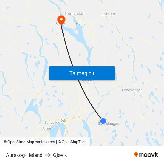 Aurskog-Høland to Gjøvik map