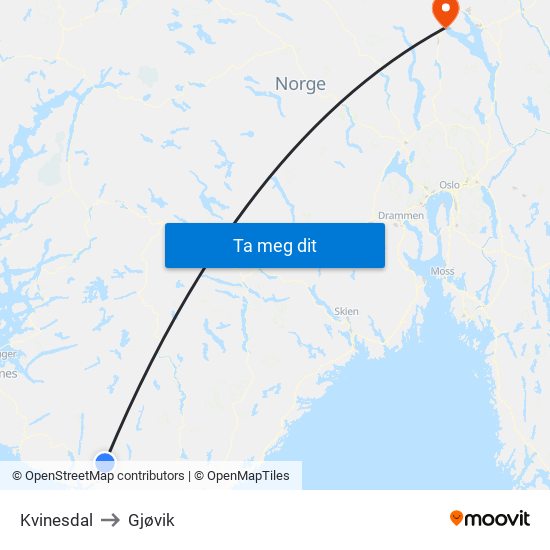 Kvinesdal to Gjøvik map