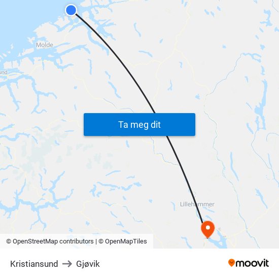 Kristiansund to Gjøvik map