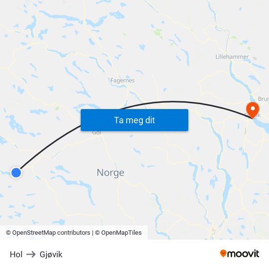 Hol to Gjøvik map