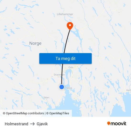 Holmestrand to Gjøvik map