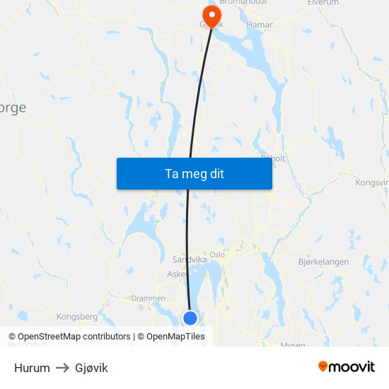 Hurum to Gjøvik map