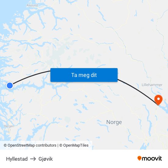 Hyllestad to Gjøvik map