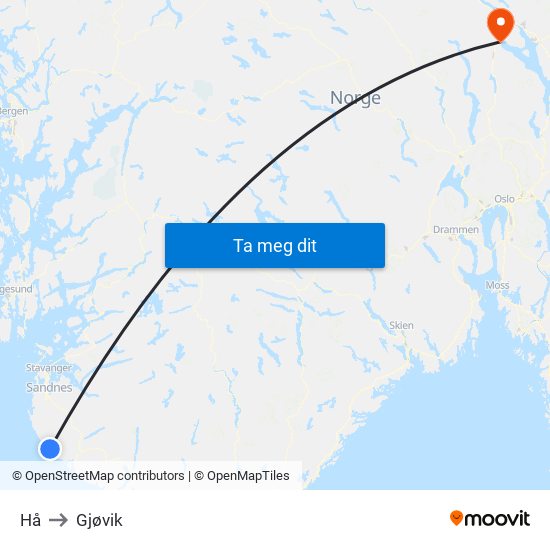 Hå to Gjøvik map