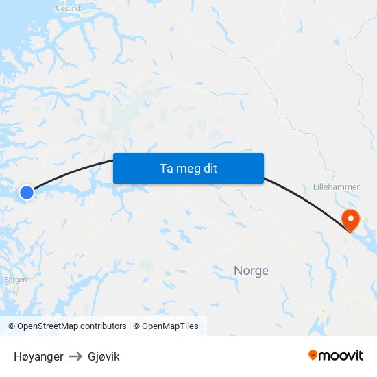Høyanger to Gjøvik map