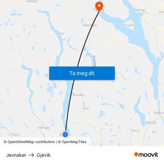 Jevnaker to Gjøvik map