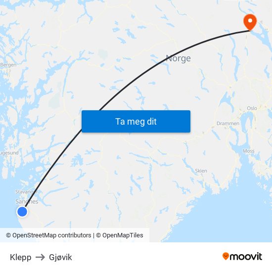 Klepp to Gjøvik map