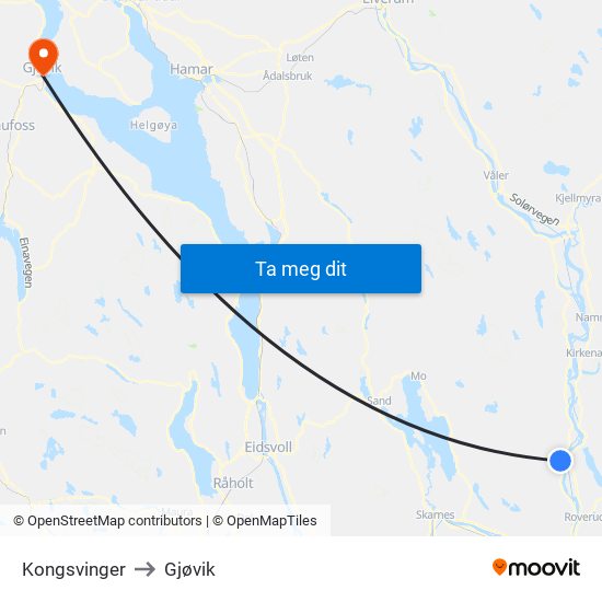Kongsvinger to Gjøvik map
