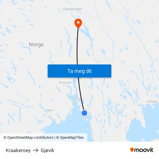 Kraakeroey to Gjøvik map