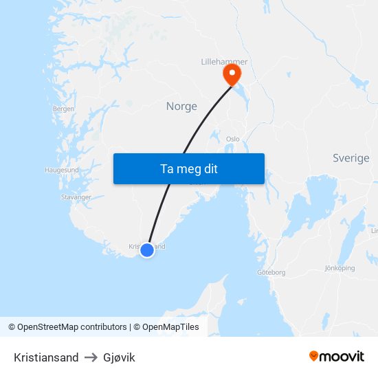 Kristiansand to Gjøvik map
