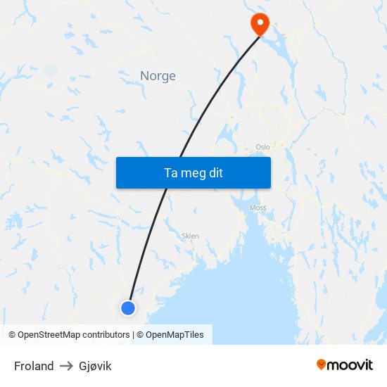 Froland to Gjøvik map