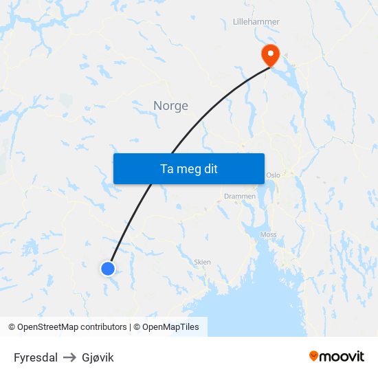 Fyresdal to Gjøvik map