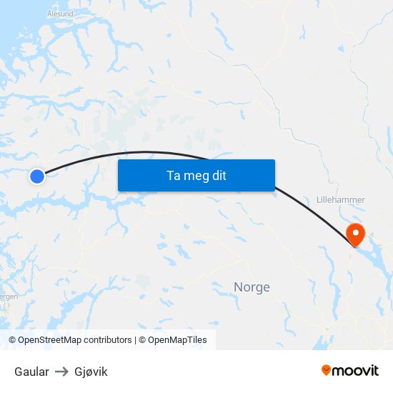 Gaular to Gjøvik map