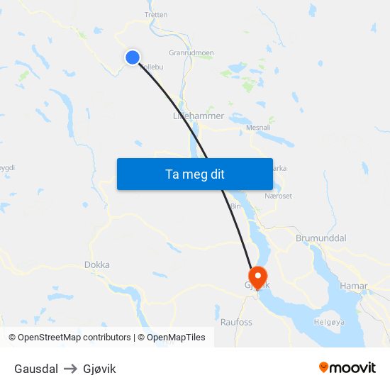 Gausdal to Gjøvik map