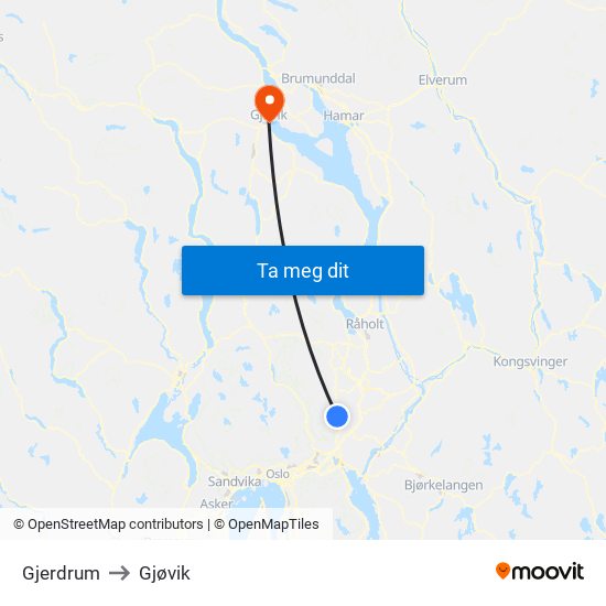Gjerdrum to Gjøvik map