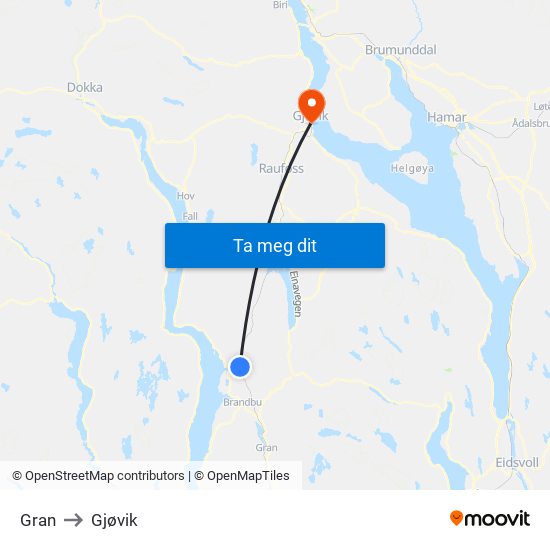 Gran to Gjøvik map