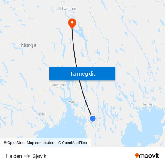 Halden to Gjøvik map