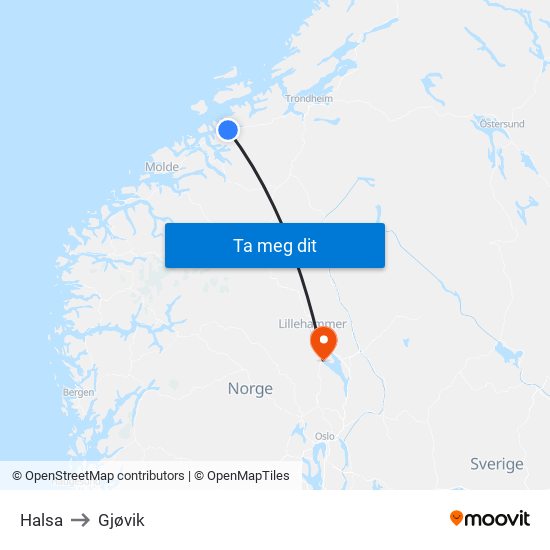 Halsa to Gjøvik map