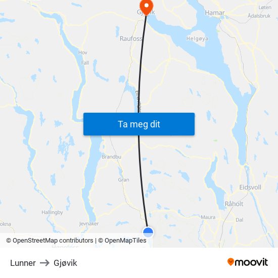 Lunner to Gjøvik map