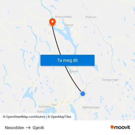 Nesodden to Gjøvik map