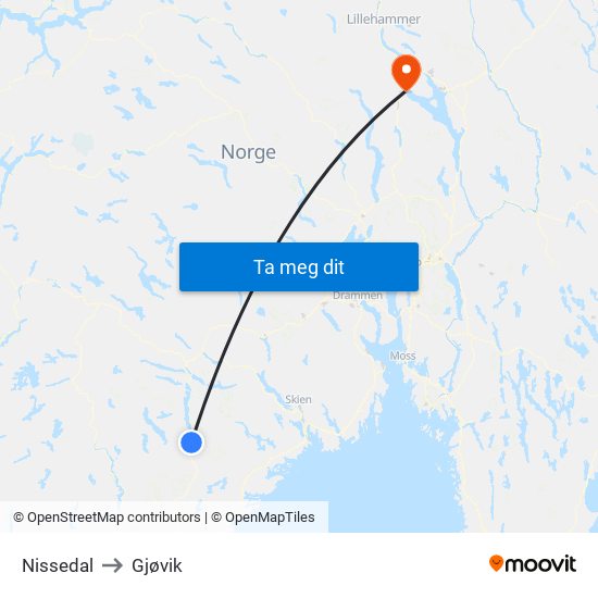 Nissedal to Gjøvik map