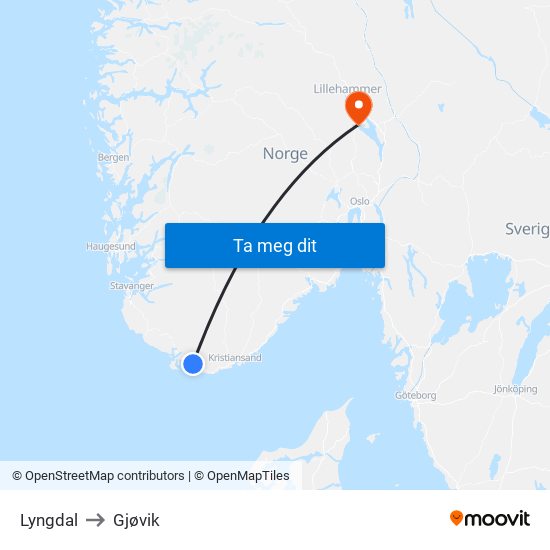 Lyngdal to Gjøvik map