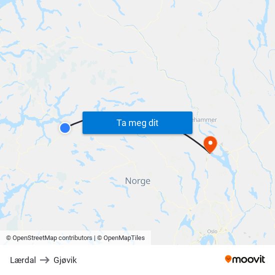 Lærdal to Gjøvik map