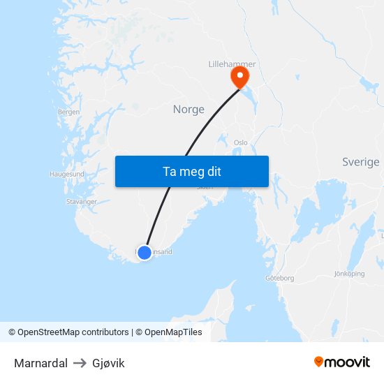 Marnardal to Gjøvik map