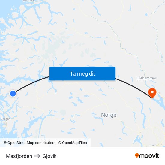 Masfjorden to Gjøvik map