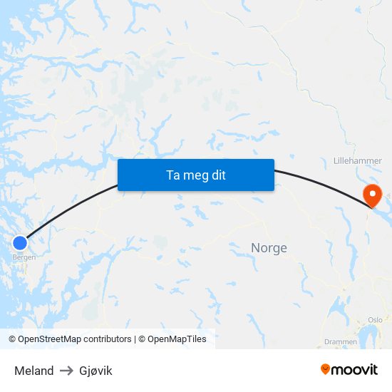 Meland to Gjøvik map