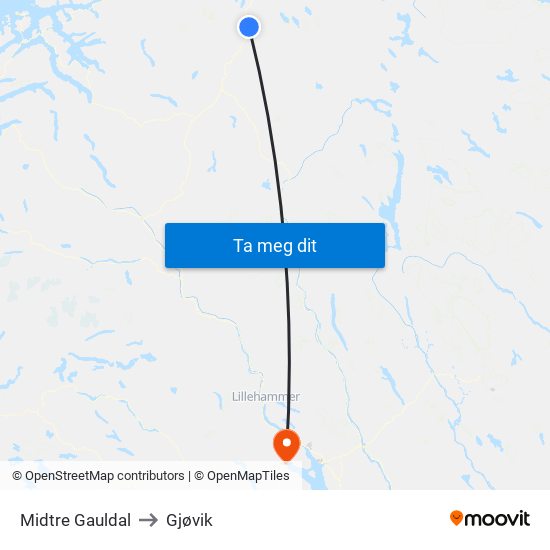 Midtre Gauldal to Gjøvik map