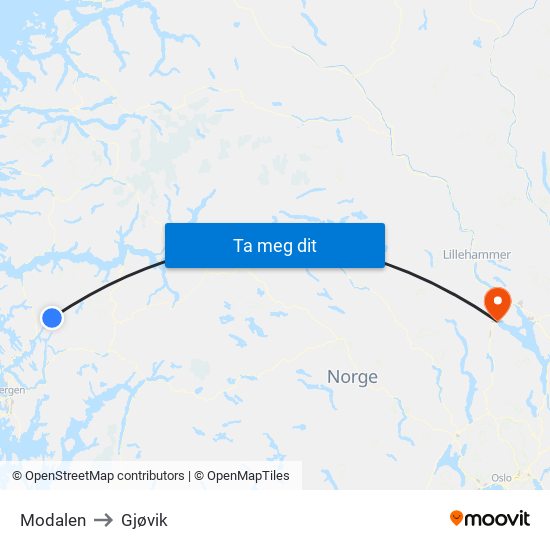 Modalen to Gjøvik map