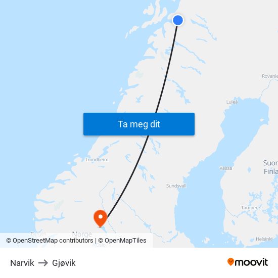 Narvik to Gjøvik map