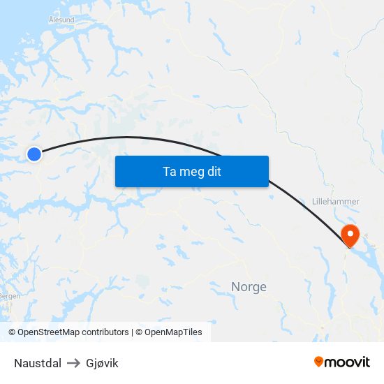 Naustdal to Gjøvik map