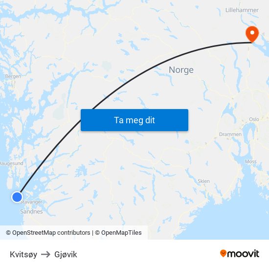 Kvitsøy to Gjøvik map