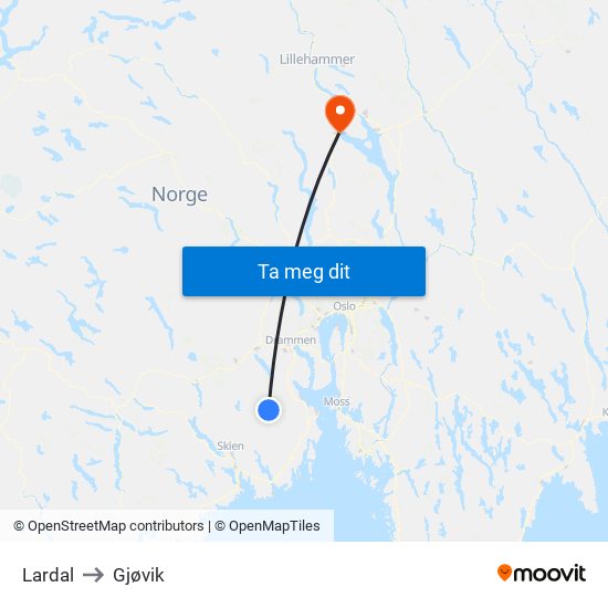 Lardal to Gjøvik map
