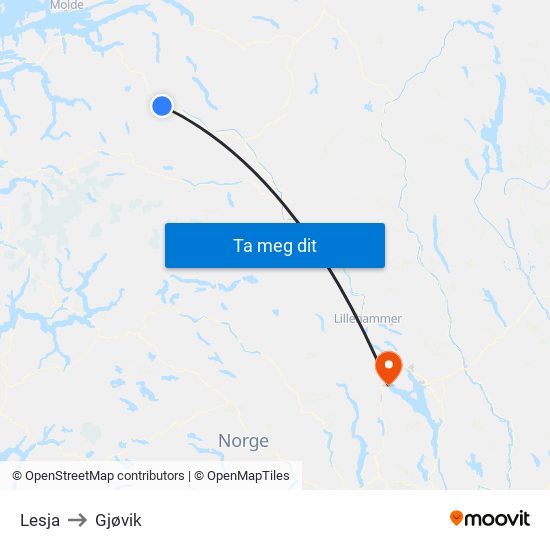 Lesja to Gjøvik map