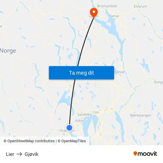 Lier to Gjøvik map