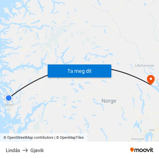 Lindås to Gjøvik map