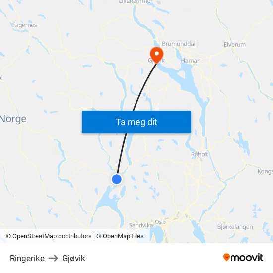 Ringerike to Gjøvik map