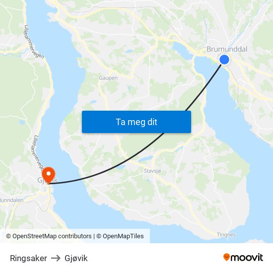 Ringsaker to Gjøvik map