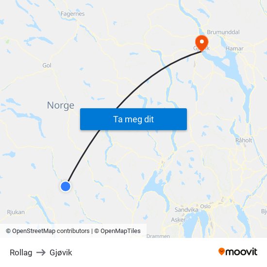 Rollag to Gjøvik map