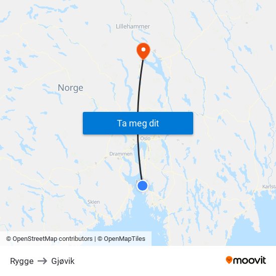 Rygge to Gjøvik map