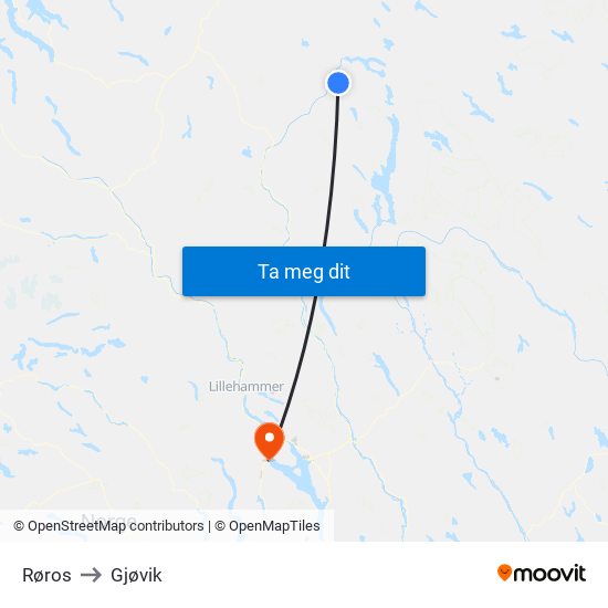 Røros to Gjøvik map